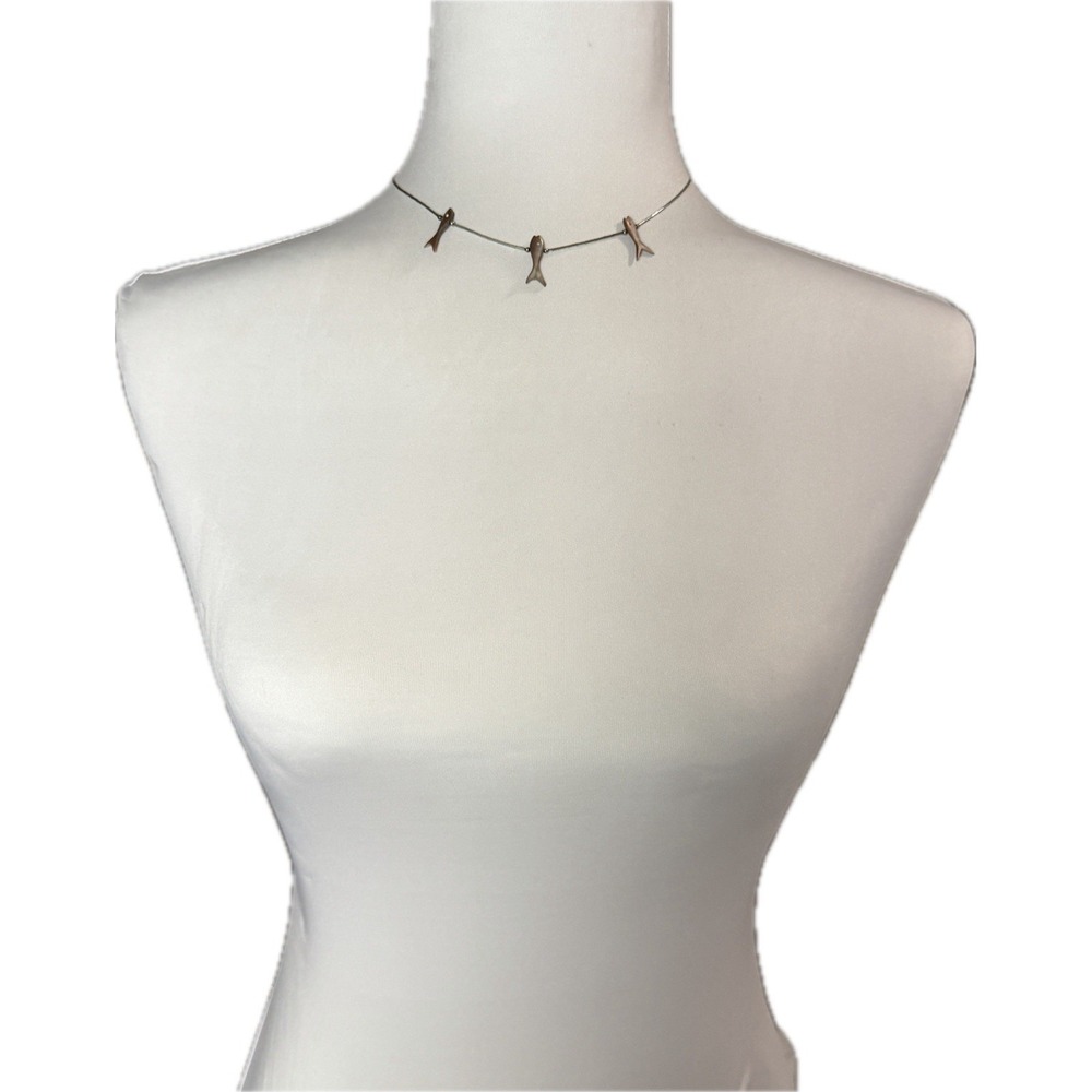 Vintage Liquid Silver & Fish Fetish Beaded Station Choker Necklace 15" - Picture 2 of 5